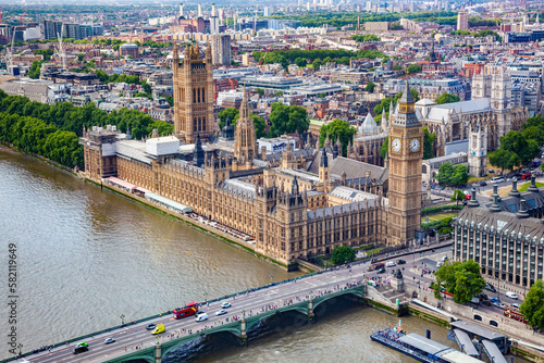 London aerial view of Big Ben, Westminster Bridge on River Thames