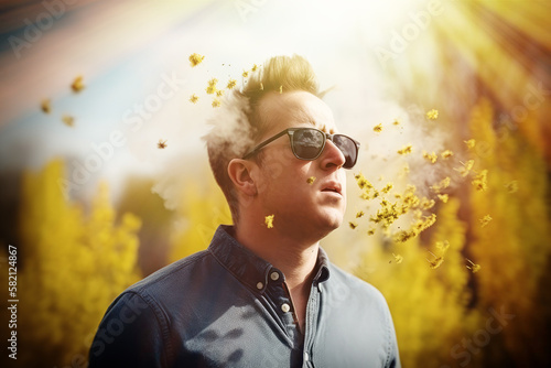 Man with pollen allergy on a sunny day - Generative AI