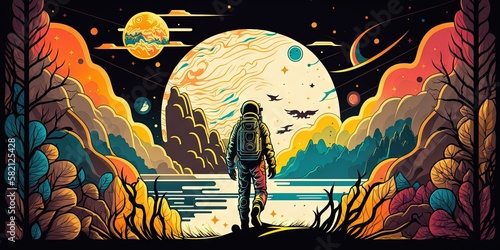 A colorful, hand-drawn graphic novel space astronaut abstract background wallpaper with futuristic cyberpunk vectors, Generative AI