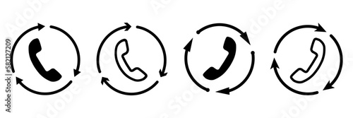 Icon set of telephone Call surrounded with cycle arrows. Recall or redial symbol. Vector illustration