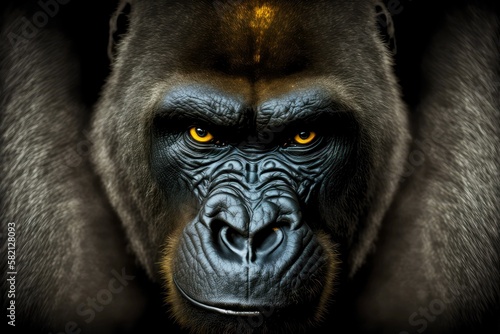 wild black grey gorilla with yellow eyes staring into camera, created with generative ai