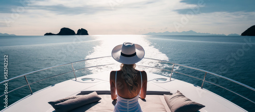 view from behind woman relaxing on a luxury boat. Generative ai