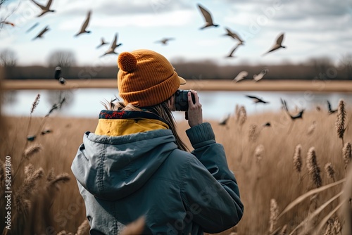 A photograph of a girl taking pictures of migratory birds by the lake. Generated by AI