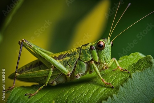 A striking close-up of a green grasshopper perched on a leaf, capturing its intricate details and textures. Generated by AI