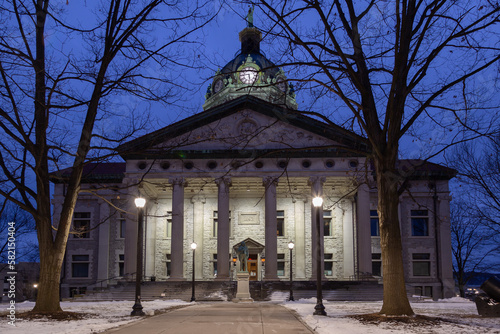 The 1897 Classic Revival Broome County Court House seen during winter evening at 92 Court St, Binghamton, NY, USA