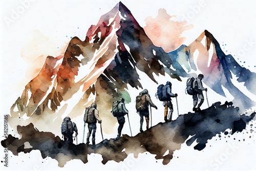 Watercolor Illustration of a Group Of Mountaineers. Multiple High Alpine Climbers In Front Of A Gigantic Mountain. Designed Using. Generative AI