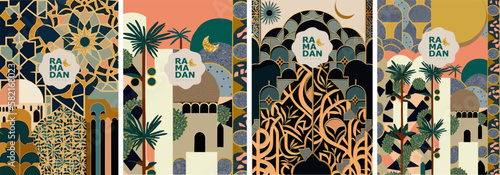 Happy Ramadan Kareem. Vector illustration of abstract arabic ornament, crescent, pattern, art and mosque for poster, background or invitation card