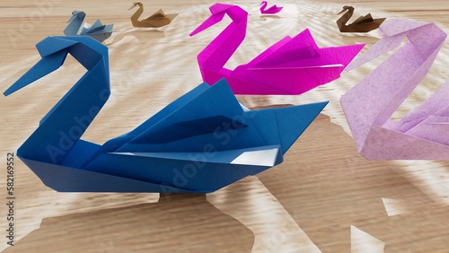 3D Render of Paper Swans In Various Paper Types