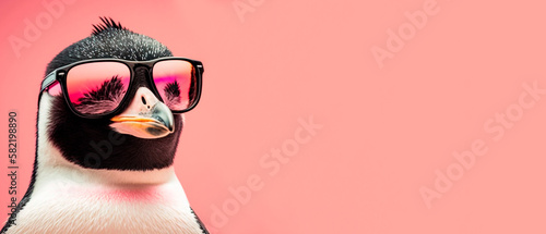 Penguin wearing sunglasses, salmon background with copy space, generative ai