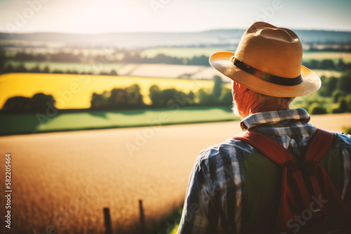 Farmer Overlooking his Harvest in the Fields in Summer. Generative AI 