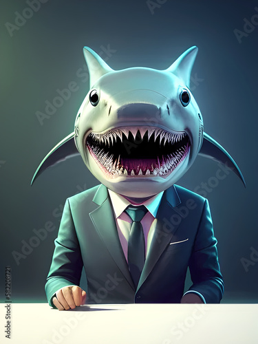 Homme d'affaires avec une tête de requin, représentant la nature féroce du monde des affaires. Notion de compétition. Rendu 3D 