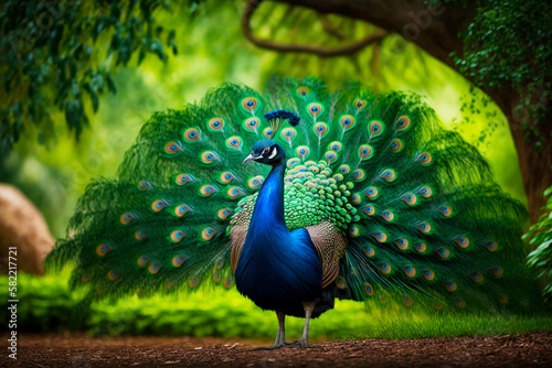 Image of peacock standing in front of tree with its feathers spread out. Generative AI.