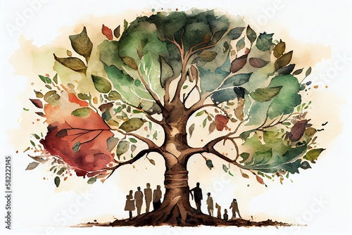 Watercolor Illustration of a Family Tree. Generative AI