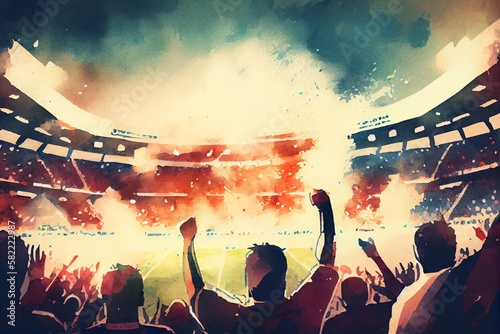 Watercolor Illustration of a Cinematic Football Stadium Background With Full Of Crowded Audience, , Football Fans Or Supporters Chanting And Celebrating In Soccer Ground. Generative AI