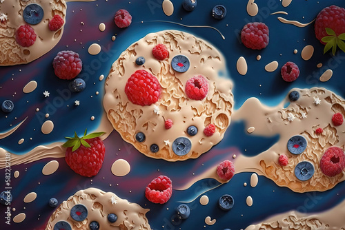 Oatmeal porridge with summer strawberries berries. Generative background