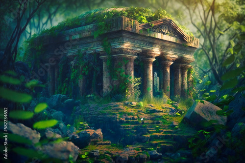A long-forgotten temple, its crumbling walls overtaken by the lush embrace of nature's greenery