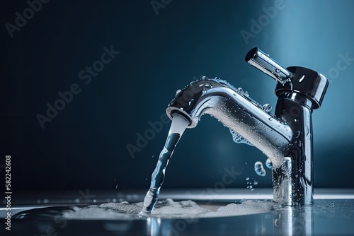 running water from a mixer tap against a blue background. Generative AI