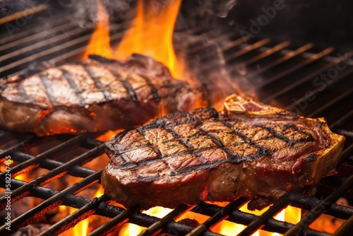 Grilled juicy beef steaks. Barbecue cooking. Generative AI