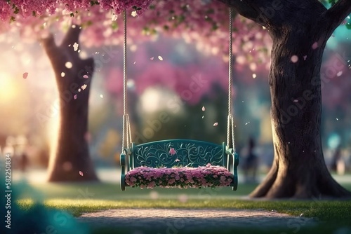 Empty swing in a blossoming garden