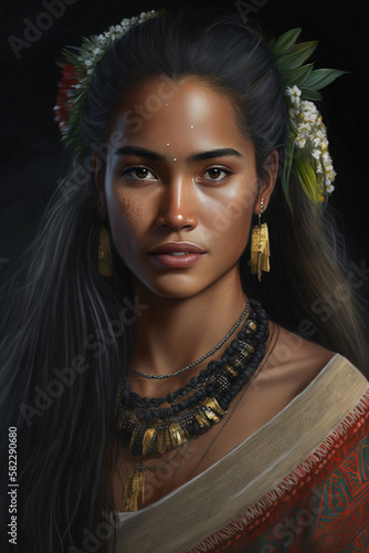 Tahiti beauty woman wearing flower head wreath traditional Tahitian cultural accessory. Bora Bora, French Polynesia. Beautiful Asian multiracial girl.