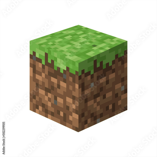 Pixel minecraft style land block background. Concept of game ground pixelated horizontal seamless background. Top, side, bottom view. Isolated on white. Vector illustration 10 eps.