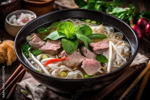 vietnamese beef pho bo soup in bowl on table top with spring rolls and appetizers. Generative AI