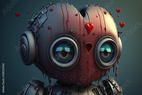 robot who feels sadness from red hearts with tear on eyelid, created with generative ai
