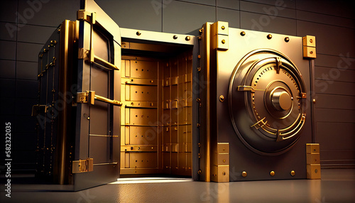 Bank vault with open door. Store Gold bar, inside in Gold vault money. Dollar and euro vault. Inside in bank vault. Generative AI
