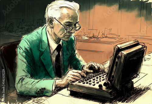 Court stenographer, courtroom sketch. Generative AI