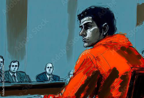 Prisoner in orange jumpsuit, courtroom sketch. Generative AI