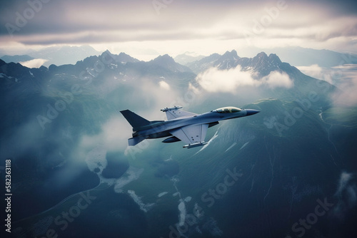 F-16 Falcon fighter jet flying in the sky over the mountan tops
