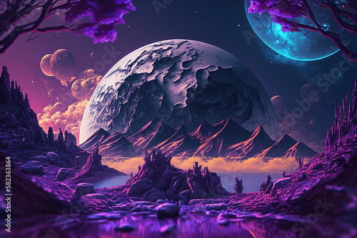 A surreal alien purple landscape with mountains and moons. Generative AI.