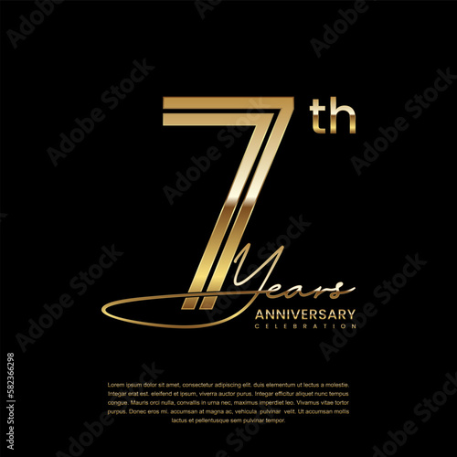 7th anniversary logo with gold color double line style. Line art design. Logo Vector Illustration