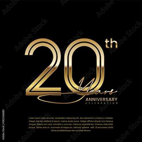 20th anniversary logo with gold color double line style. Line art design. Logo Vector Illustration