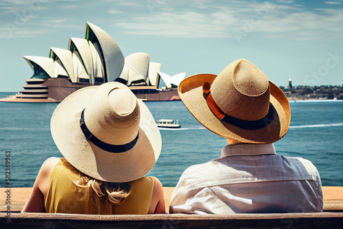 A man and a woman, a family young couple of tourists in straw sombrero hats, view from the back, admire the landscape. Generated by artificial intelligence.