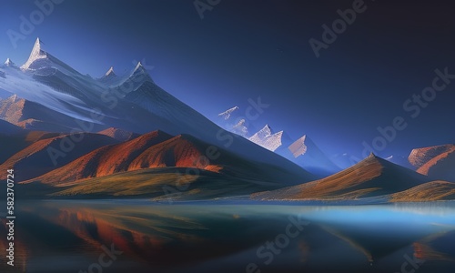 Skaliste góry w tle, na pierwszym planie zalesione góry, jezioro, odbicie gór w wodzie oświetlone delikatnym światłem brzasku. Wygenerowany przy pomocy AI.