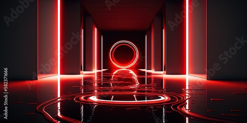 Illustration of a dark corridor with a circular red laser neon electric frame on a floor covered in water's liquid ripples. Generative AI
