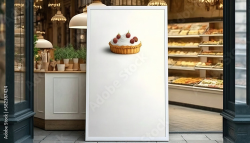 generic supermarket bakery or grocery and sweets shop with blank empty signboard mockup - Generative AI