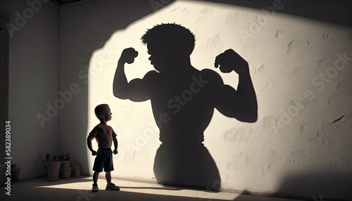 Little kid boy with strongman athlete shadow on wall, young boy wishing grow up and be strong big man, childhood dream about adult future concept. Little guy imagines himself in adult, generative AI