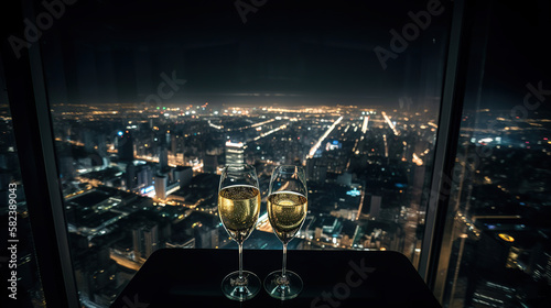 glass of champagne in the night on the top of a skyscraper over the city, beautiful night city skyline, generative ai