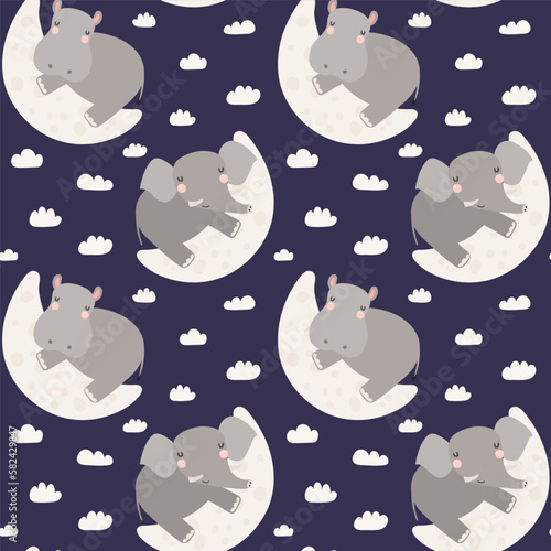 Cute funny sleeping animals, moon, clouds seamless pattern on blue background. Hand drawn vector illustration. Scandinavian style flat design. Concept kids textile, fashion print, bedroom wallpaper