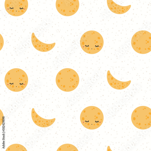Moon with cute face, crescent, full, dots seamless pattern on white background. Hand drawn vector illustration. Scandinavian style flat design. Concept kids textile, fashion print, bedroom wallpaper