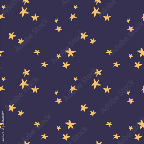 Scattered yellow stars, starry sky seamless pattern on blue background. Hand drawn vector illustration. Scandinavian style flat design. Concept kids textile, fashion print, bedroom wallpaper, package.