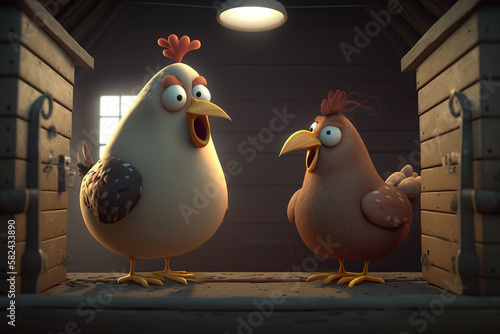 Amusing conversation between two silly-looking chickens in a coop