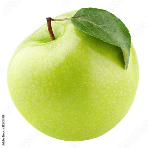 Single green apple fruit with green leaf isolated on transparent background. Granny smith apple. Full Depth of Field