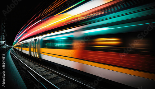 a subway train racing through the tunnels beneath Tokyo, with the futuristic neon lights and sleek design of the train creating a modern and edgy shot, long exposure - Generative AI