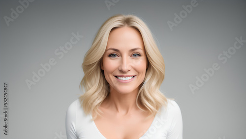 Portrait of mature beautiful woman with blond hairstyle and white top. Cleavage. Model studio shot. Copy space. Generative AI