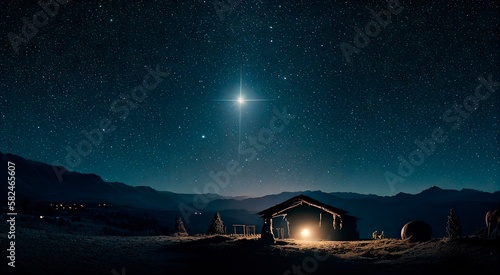 The star shines over the manger of Christmas of Jesus Christ. Concept. Generative AI.