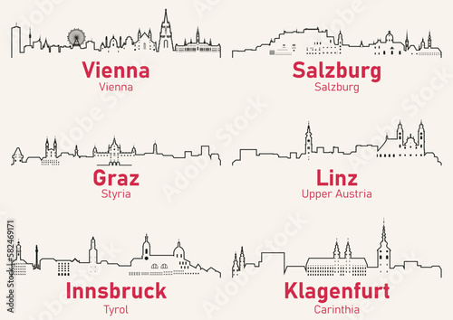 Austria cities outline skylines vector set