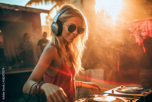 Attractive DJ girl at the hot dance beach party. DJ console turntable, headphones. Evening sunset light. Palm trees on background. Hot summer vacation nightlife. 